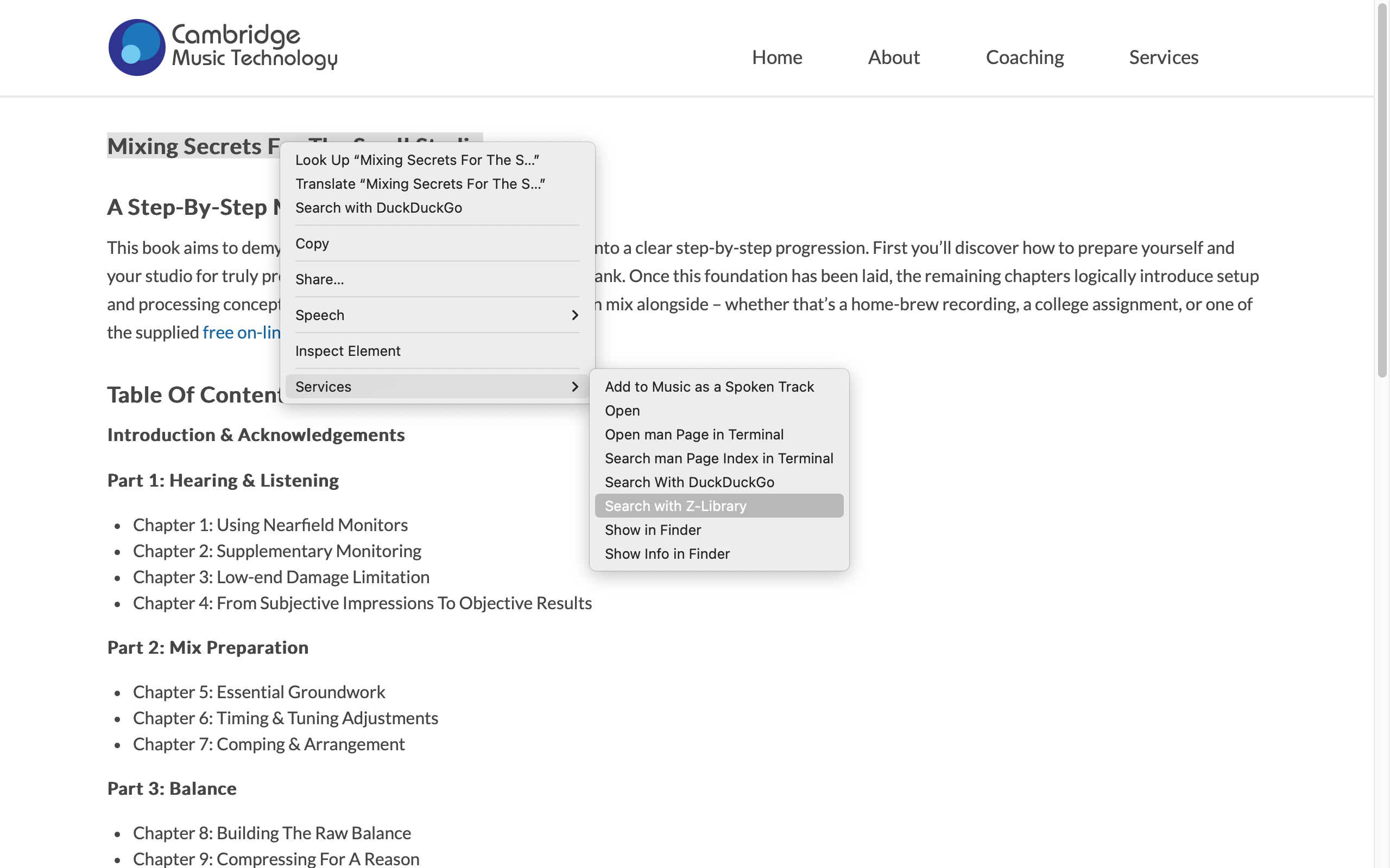 screenshot showing the shortcut in action. the shortcut is accessed through the right-click menu, under the dropdown titled 'services' at the bottom, under the name 'search with z-library' 