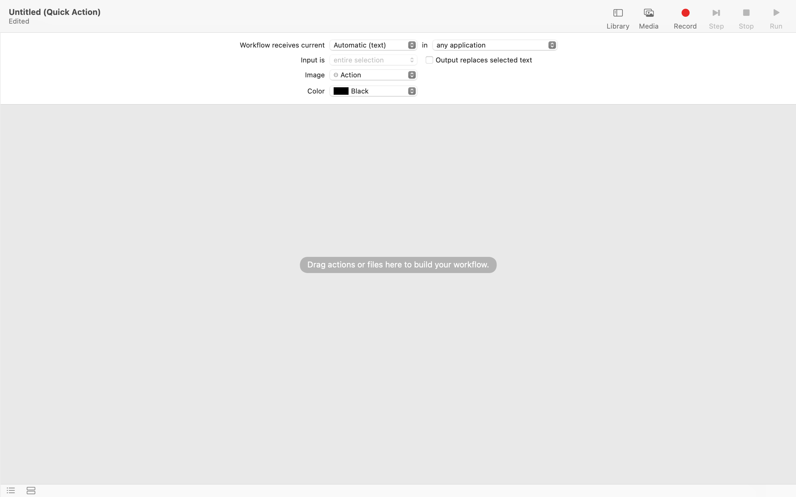 screenshot showing the default main window for quick actions in automator